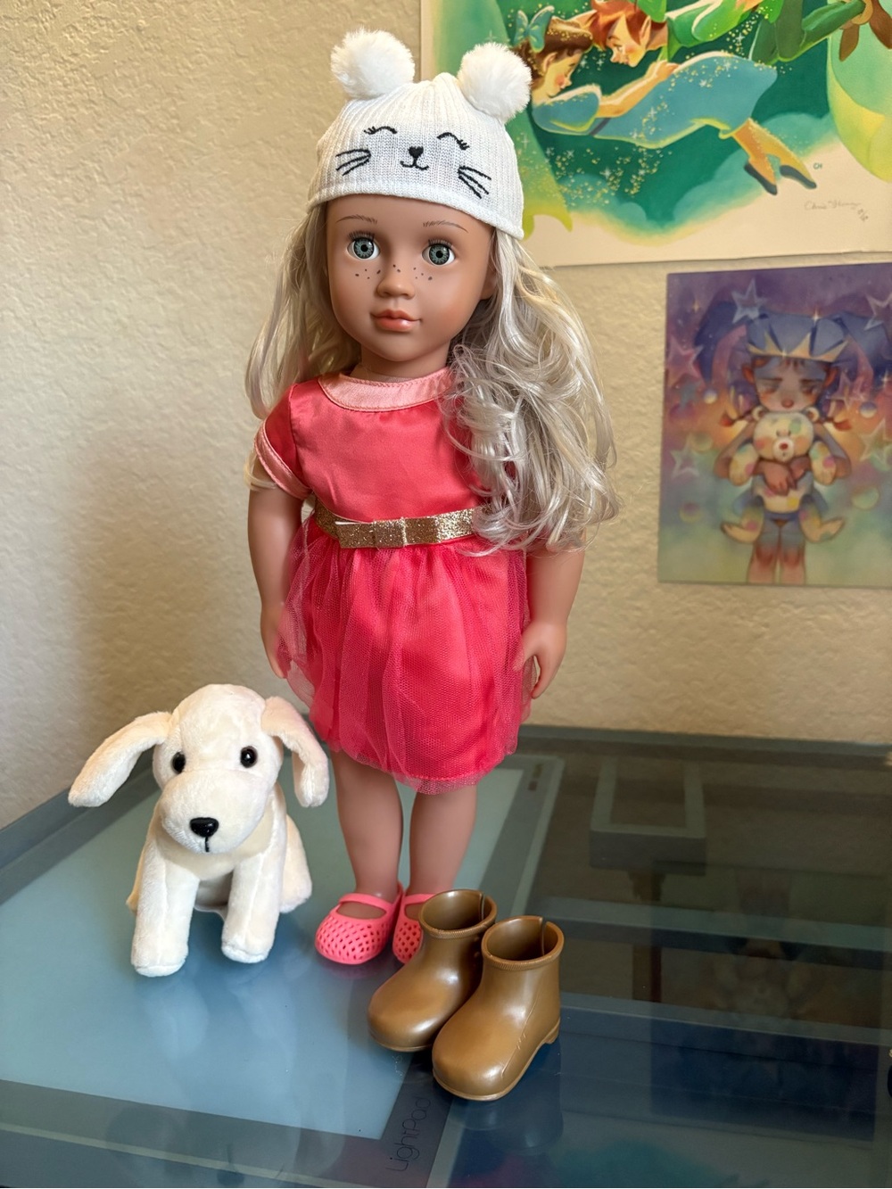 Our Generation American Girl Pink Dress with Gold Belt Doll Outfit & Plush Puppy